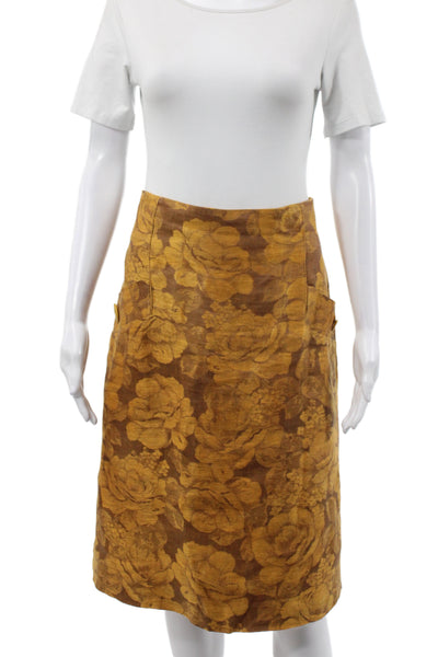 Albert Nipon Women Skirt Suit Brown Linen Floral Knee-Length Size 14