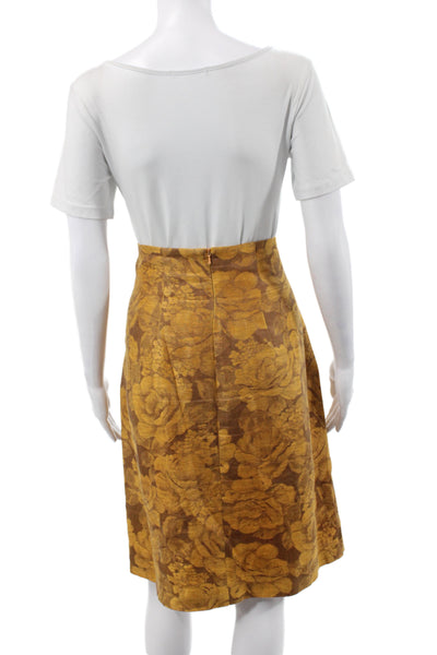 Albert Nipon Women Skirt Suit Brown Linen Floral Knee-Length Size 14