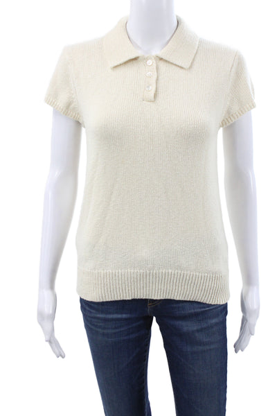 Theory Womens Collared Short Sleeve Pullover Ivory 80% Cotton Size M