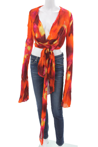 Rat & Boa Women Cropped Floral V-Neck Boho Viscose Blouse Long Sleeve Size S