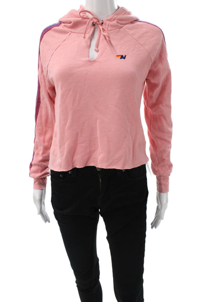 Aviator Nation Womens Pullover Hoodie Pink Striped V-Neck Drawstring Size XS
