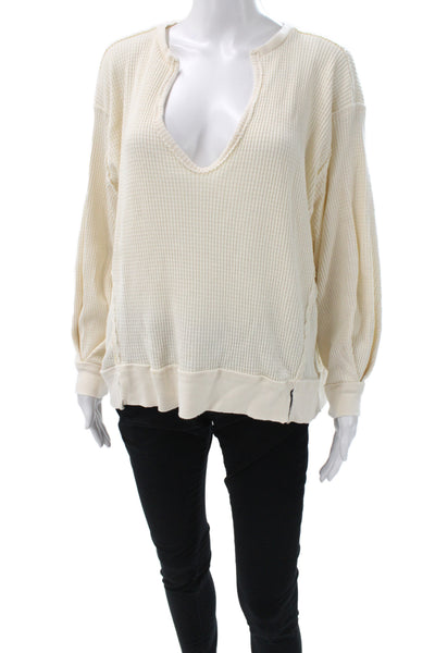 We The Free Women Waffle Knit V-Neck Pullover Ivory Long-Sleeve Size XS