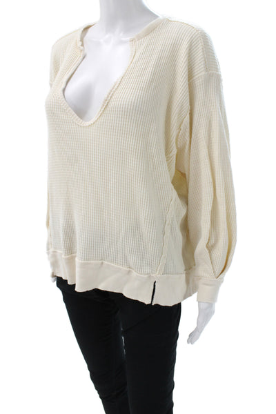 We The Free Women Waffle Knit V-Neck Pullover Ivory Long-Sleeve Size XS