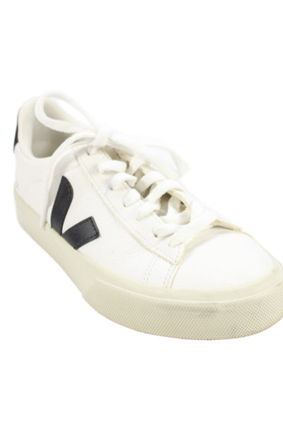Veja Womens Lace Up Logo Leather Low Top Sneakers White Black Size 6