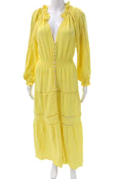 The Westside Womens Maxi Dress Yellow V-Neck Long Sleeve Cotton Size S