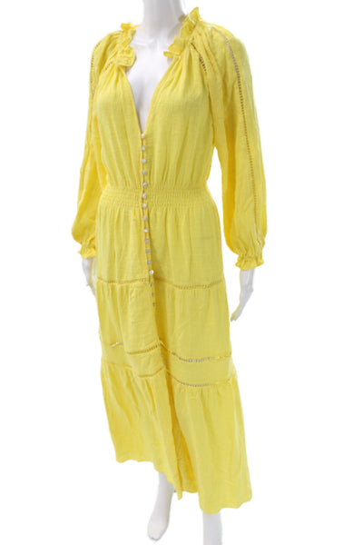 The Westside Womens Maxi Dress Yellow V-Neck Long Sleeve Cotton Size S
