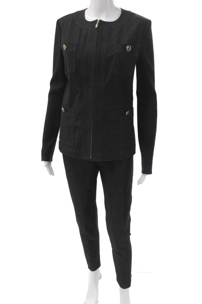 St. John Sport Womens Ribbed Sleeves Full Zipper Jacket Pant Set Black Size 6/4