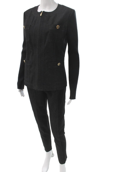 St. John Sport Womens Ribbed Sleeves Full Zipper Jacket Pant Set Black Size 6/4