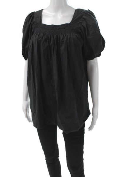 Doen Womens Tunic Black Cotton Square Neck Short Sleeve Bohemian Size S