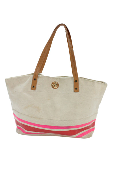 Tory Burch Womens Striped Gold Tone Tote Shoulder Handbag Beige Pink