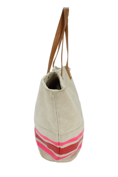 Tory Burch Womens Striped Gold Tone Tote Shoulder Handbag Beige Pink
