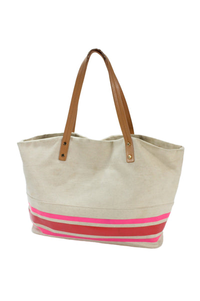 Tory Burch Womens Striped Gold Tone Tote Shoulder Handbag Beige Pink