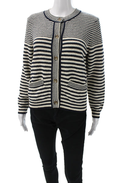 Frame Women Cardigan Black Striped Round Neck Long Sleeve Nautical Size M
