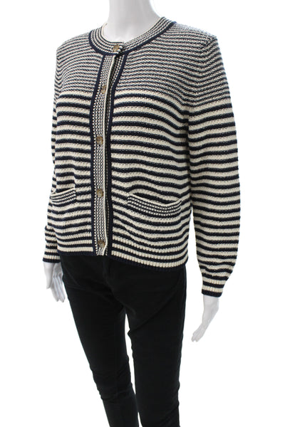 Frame Women Cardigan Black Striped Round Neck Long Sleeve Nautical Size M