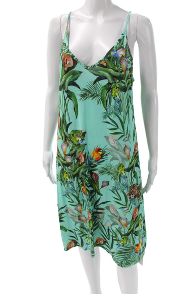 Johnny Was Womens Slip Dress Green Animal V-Neck Sleeveless Knee Size M