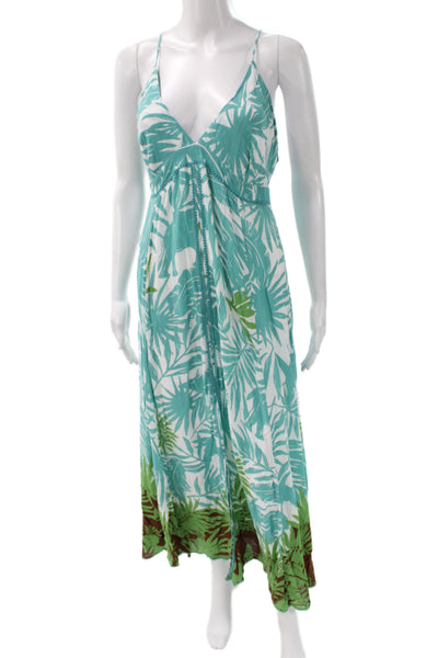 Poupette St. Barth Women Maxi Dress Green Floral V-Neck Sleeveless Size L