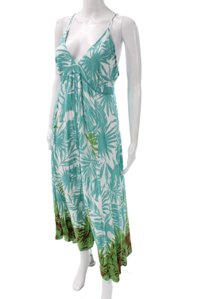 Poupette St. Barth Women Maxi Dress Green Floral V-Neck Sleeveless Size L