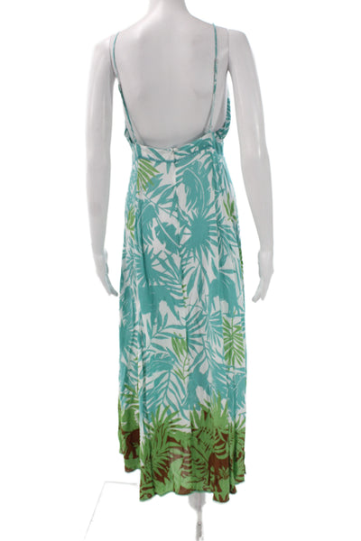 Poupette St. Barth Women Maxi Dress Green Floral V-Neck Sleeveless Size L