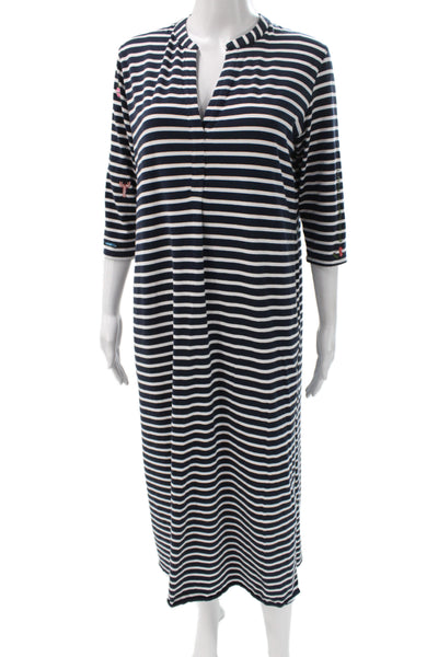 Vilagallo Women Striped Blue V-Neck Maxi Dress 3/4 Sleeve Nautical Size 40