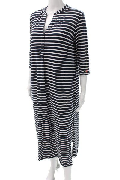 Vilagallo Women Striped Blue V-Neck Maxi Dress 3/4 Sleeve Nautical Size 40