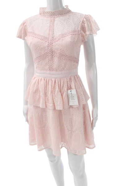 By Malina Women Fit & Flare Lace High Neck Short Sleeve Pink Dress Size XS