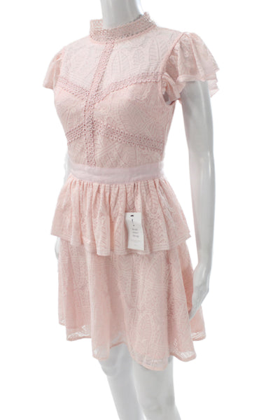 By Malina Women Fit & Flare Lace High Neck Short Sleeve Pink Dress Size XS