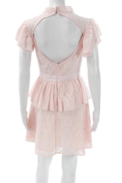 By Malina Women Fit & Flare Lace High Neck Short Sleeve Pink Dress Size XS