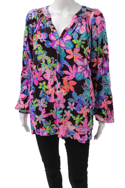 Lilly Pulitzer Women Black Floral V Neck Tunic Long Sleeve Button Size XL