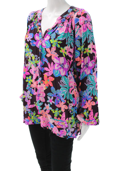 Lilly Pulitzer Women Black Floral V Neck Tunic Long Sleeve Button Size XL