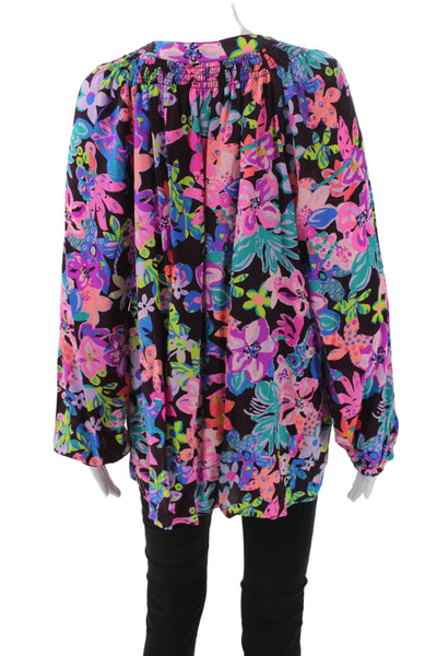 Lilly Pulitzer Women Black Floral V Neck Tunic Long Sleeve Button Size XL
