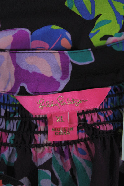 Lilly Pulitzer Women Black Floral V Neck Tunic Long Sleeve Button Size XL