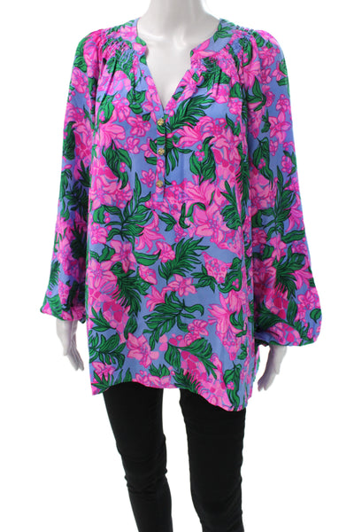 Lily Pulitzer Womens Silk Tunic Blouse V Neck Long Sleeve Blue Floral Size XL