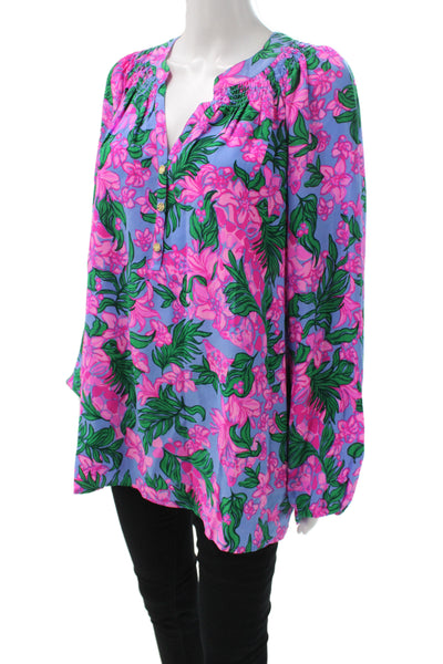 Lily Pulitzer Womens Silk Tunic Blouse V Neck Long Sleeve Blue Floral Size XL