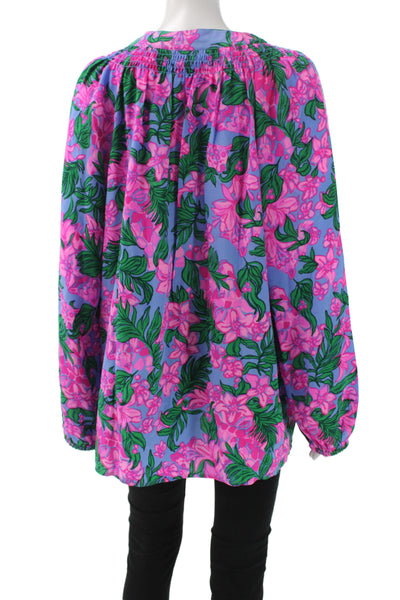 Lily Pulitzer Womens Silk Tunic Blouse V Neck Long Sleeve Blue Floral Size XL