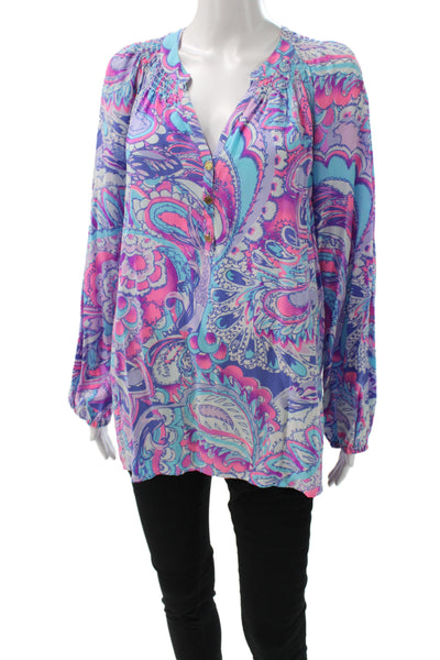 Lily Pulitzer Women Silk Paisley Tunic Blouse V-Neck Long Sleeve Size XL