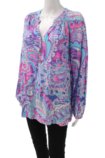 Lily Pulitzer Women Silk Paisley Tunic Blouse V-Neck Long Sleeve Size XL