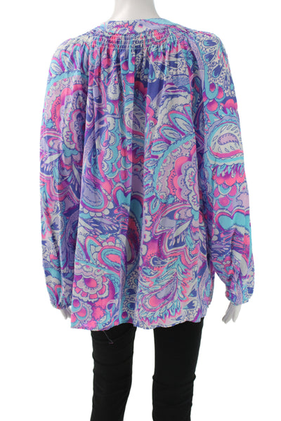 Lily Pulitzer Women Silk Paisley Tunic Blouse V-Neck Long Sleeve Size XL