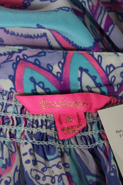 Lily Pulitzer Women Silk Paisley Tunic Blouse V-Neck Long Sleeve Size XL