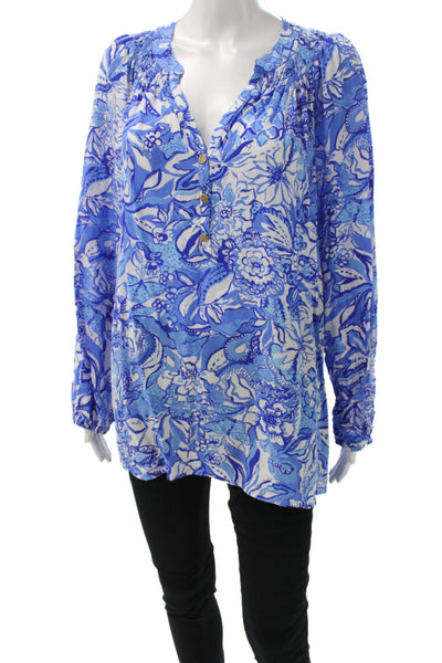 Lilly Pulitzer Womens Tunic Blue Floral V-Neck Long Sleeve Button Size XL