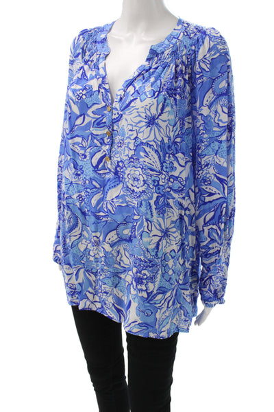 Lilly Pulitzer Womens Tunic Blue Floral V-Neck Long Sleeve Button Size XL
