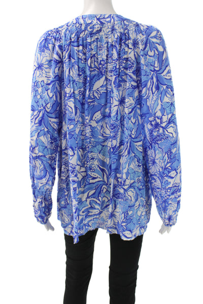 Lilly Pulitzer Womens Tunic Blue Floral V-Neck Long Sleeve Button Size XL