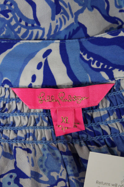 Lilly Pulitzer Womens Tunic Blue Floral V-Neck Long Sleeve Button Size XL
