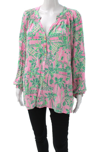 Lilly Pulitzer Women Tunic Blouse Green Silk VNeck Long Sleeve Size XL