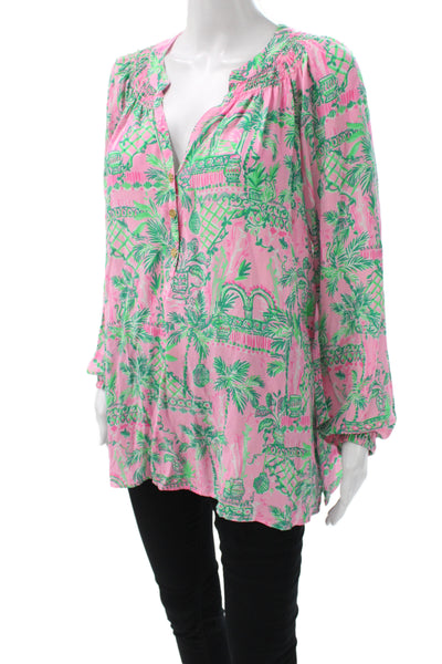 Lilly Pulitzer Women Tunic Blouse Green Silk VNeck Long Sleeve Size XL
