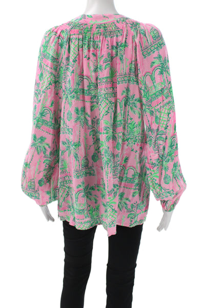 Lilly Pulitzer Women Tunic Blouse Green Silk VNeck Long Sleeve Size XL