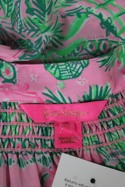 Lilly Pulitzer Women Tunic Blouse Green Silk VNeck Long Sleeve Size XL