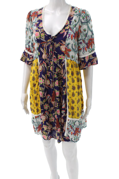Lilka Anthropologie Womens Floral V-Neck Mini Tie Waist Rayon Dress Size XS