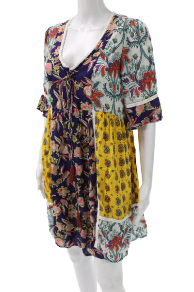 Lilka Anthropologie Womens Floral V-Neck Mini Tie Waist Rayon Dress Size XS