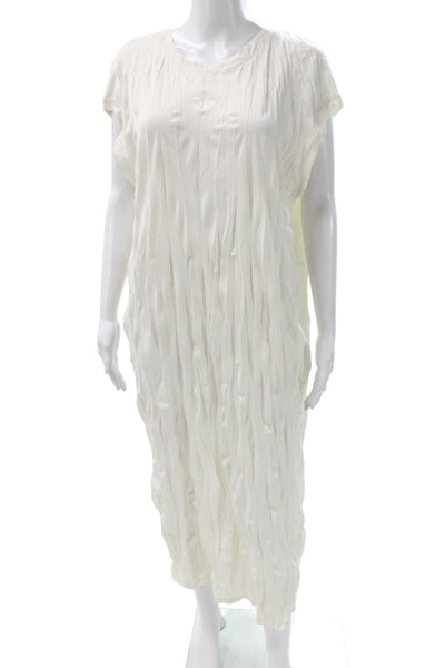 Zara Women Maxi White Crinkle Short Sleeve Round Neck Full Length Dress Size L