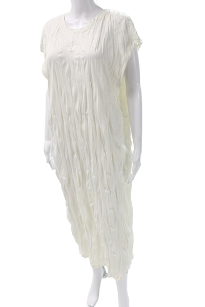 Zara Women Maxi White Crinkle Short Sleeve Round Neck Full Length Dress Size L